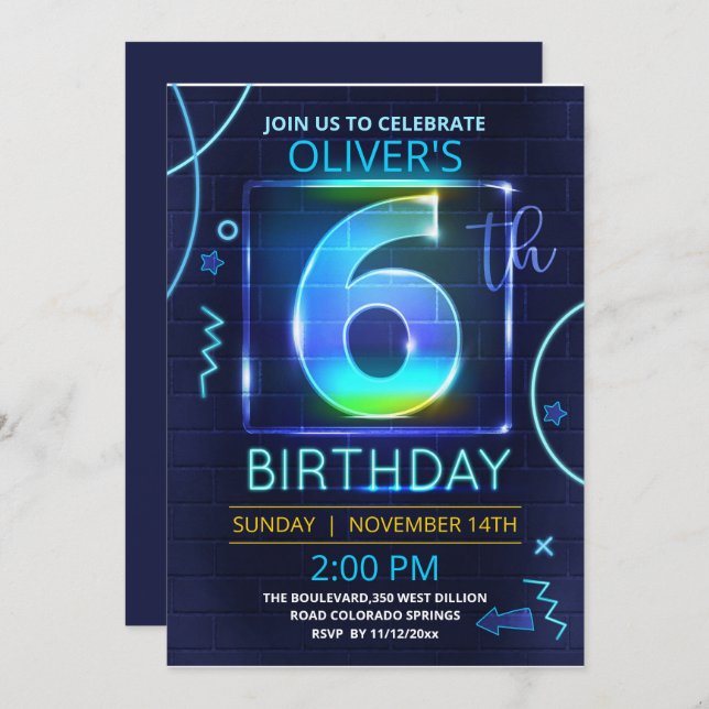Convite Neon Birthday (Frente/Verso)
