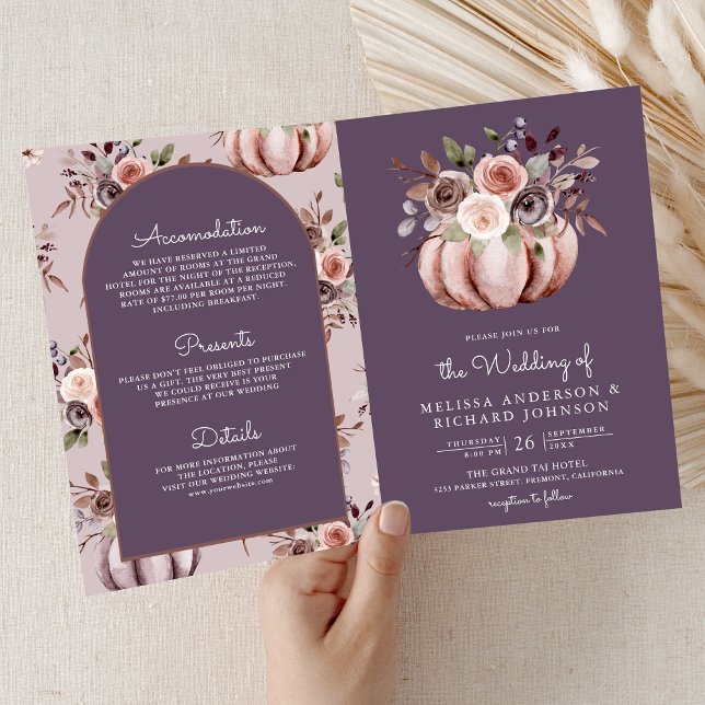 Convite Neutral Pumpkin Floral QR Code Pale Purple Wedding (Criador carregado)