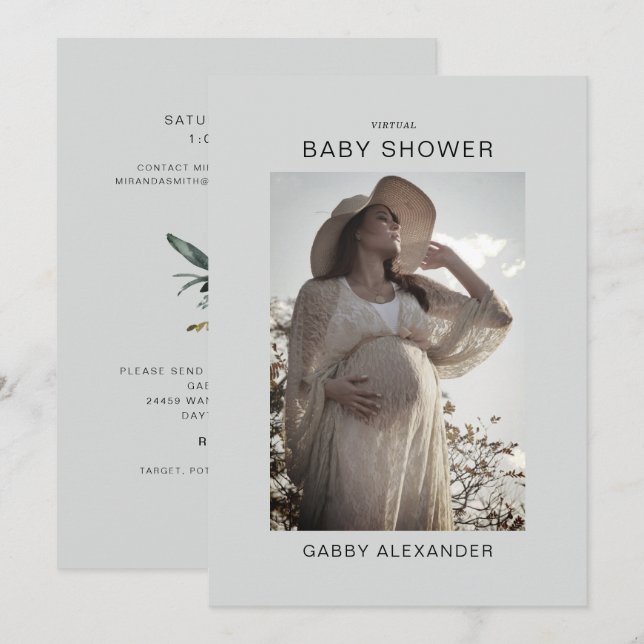 Convite Neutro de Foto do Chá de fraldas Virtual d (Frente/Verso)