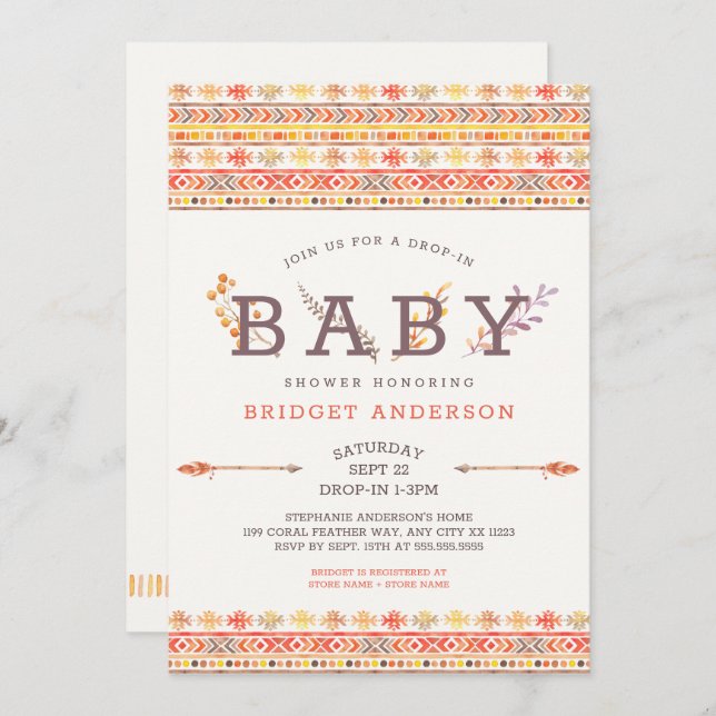 Convite Neutro para Chá de fraldas Tribal de Boho (Frente/Verso)