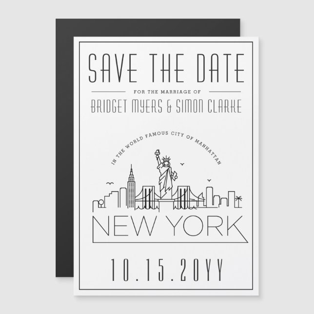 Convite New York Wedding | Skyline Estilizado Salvar a Dat (Frente/Verso)