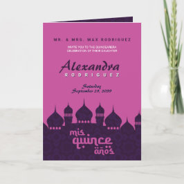 Convite Noites árabes roxas e rosa quente Quinceañera