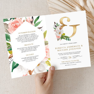 Convite Noiva Código QR Floral Rosa Ampersand Dourado