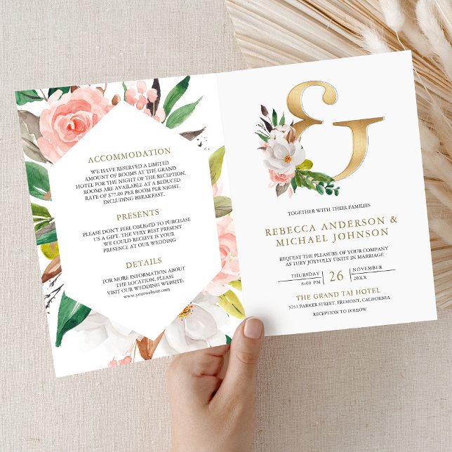 Convite Noiva Código QR Floral Rosa Ampersand Dourado (Criador carregado)