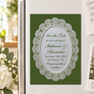 Convite Noiva de renda verde oliva vintage Save the Date