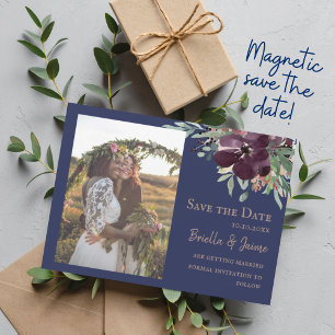Convite Noiva Floral de Plum Navy Blush Foto de Casamento 