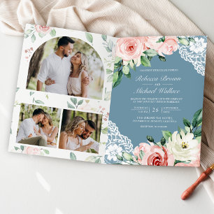 Convite Noiva Floral Rosa Bege com Código QR Azul Casament