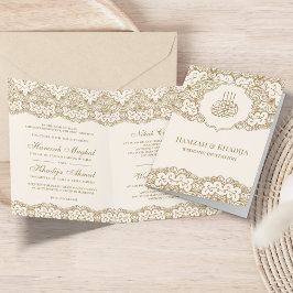 Convite Noiva Islâmica Creme e Dourado com Renda