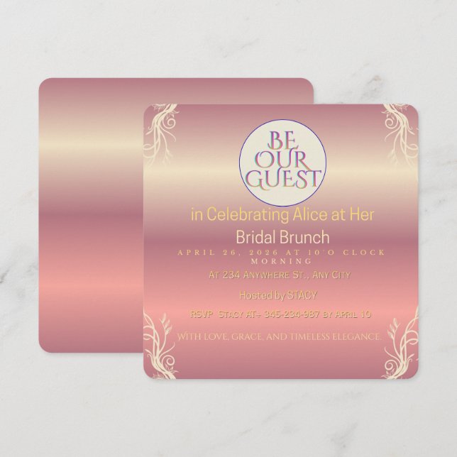 Convite Noiva Para Casar Folhagem Rosa e Dourado | (Frente/Verso)