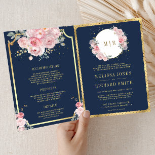Convite Noiva Tudo em Um Rosa Floral Azul Marinho Casament