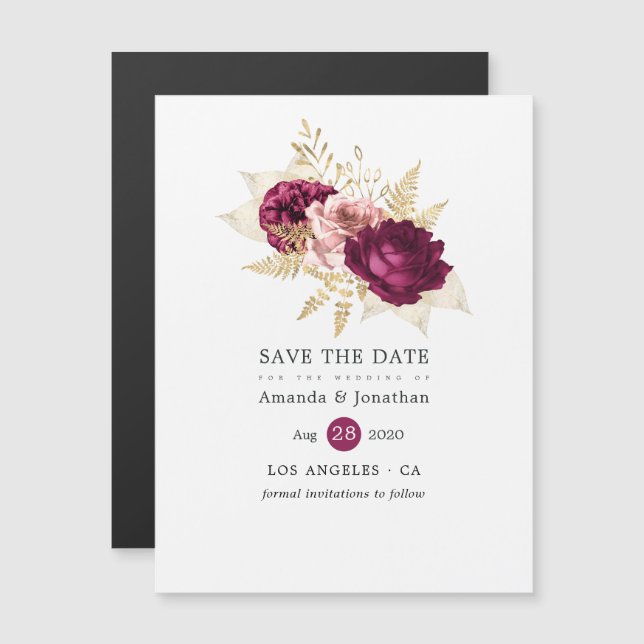 Convite Noivado Floral Bege e Dourado Borgonha Save the Da (Frente/Verso)