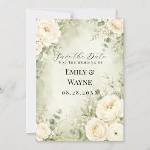 Convite Noivado Floral Marfim Verde Salvia Save the Date