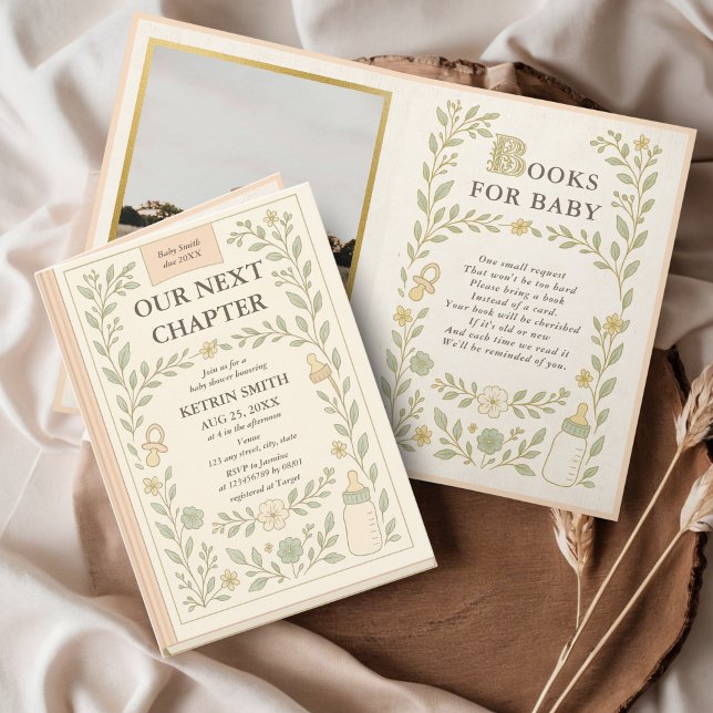 Convite Nosso Próximo Capítulo Chá de fraldas de Fotografi (Our next chapter Storybook Baby Shower Invitation, Fairytale, Vintage Photo Design, Books for baby)