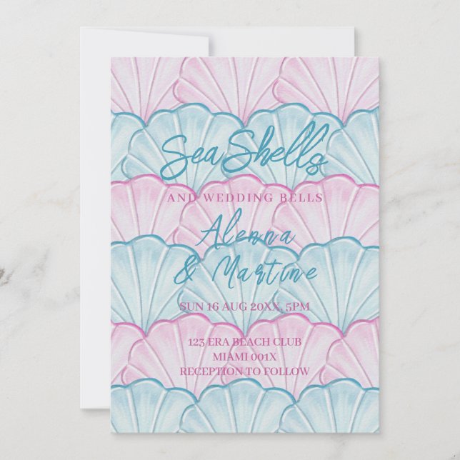 Convite Ocean Seashells e Sininhos de Casamento (Frente)