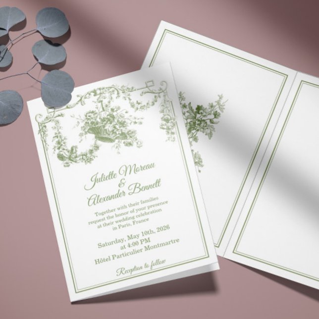 Convite Olive Sage Toile de Jouy Paris Wedding Invitation (Criador carregado)