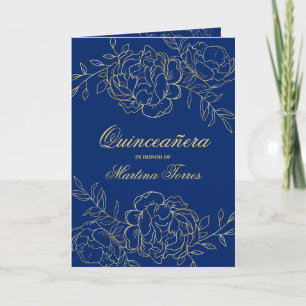 Convite Opulento Dourado e Azul Real Floral Quinceanera