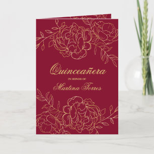 Convite Opulento Dourado e Vermelho Borgonha Floral Quince