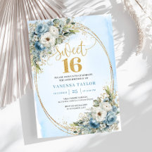 Convite Opulento Dusty Blue Gold Sweet Sixteen