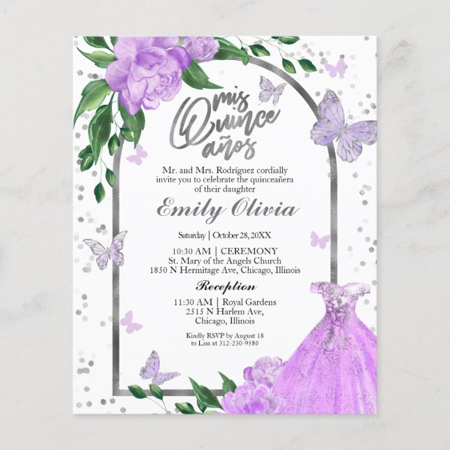 Convite Orçamental Bilíngue Quinceanera Butterflys (Frente)