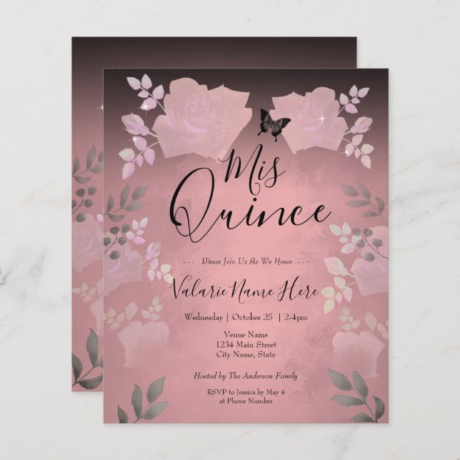Convite Orçamental para Quinceanera Floral Rosa-Ro (Frente/Verso)