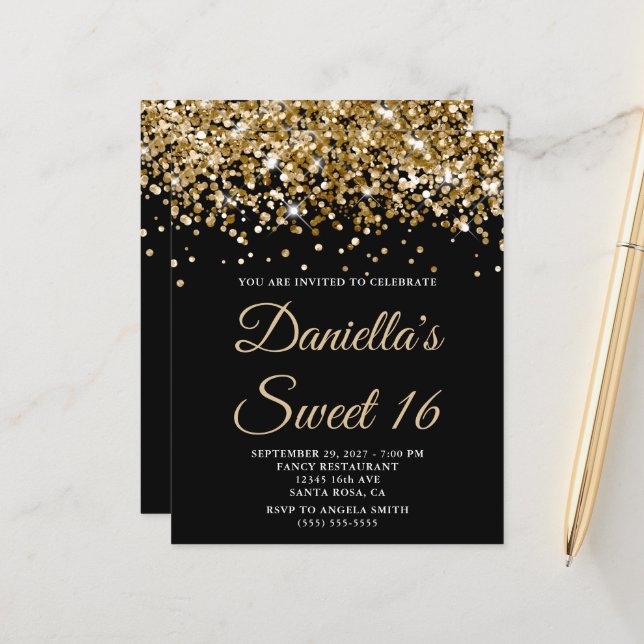 Convite Orçamento Preto Brilho Dourado Sweet 16 (Frente/Verso In Situ)