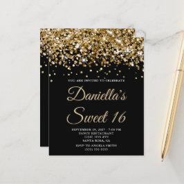 Convite Orçamento Preto Brilho Dourado Sweet 16