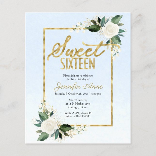 Convite Orçamento Sweet 16 Floral em Azul Empoeira (Frente)