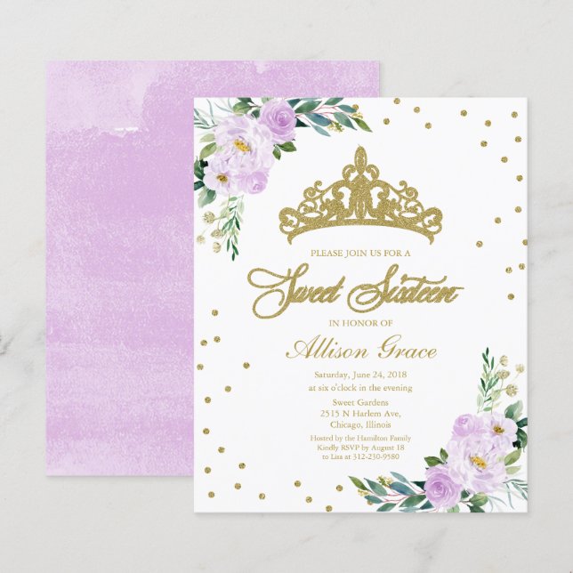 Convite Orçamento Sweet 16 Tiara Lavanda Floral (Frente/Verso)