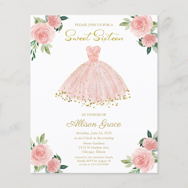 Convite Orçamento Sweet 16 Vestido Rosa Bege Doura (Frente)