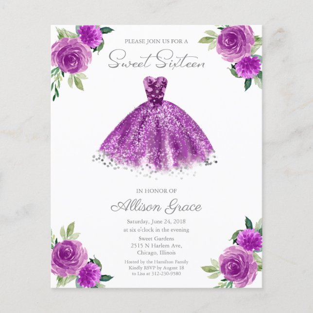 Convite Orçamento Sweet 16 Vestido Roxo Prata (Frente)