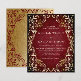 Convite Ornamental Dourado Casamento Vermelho