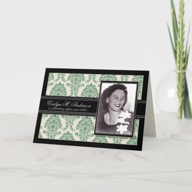 Convite Ouro Anos, Damask Birthday CARD Invite (sábio) (Frente)