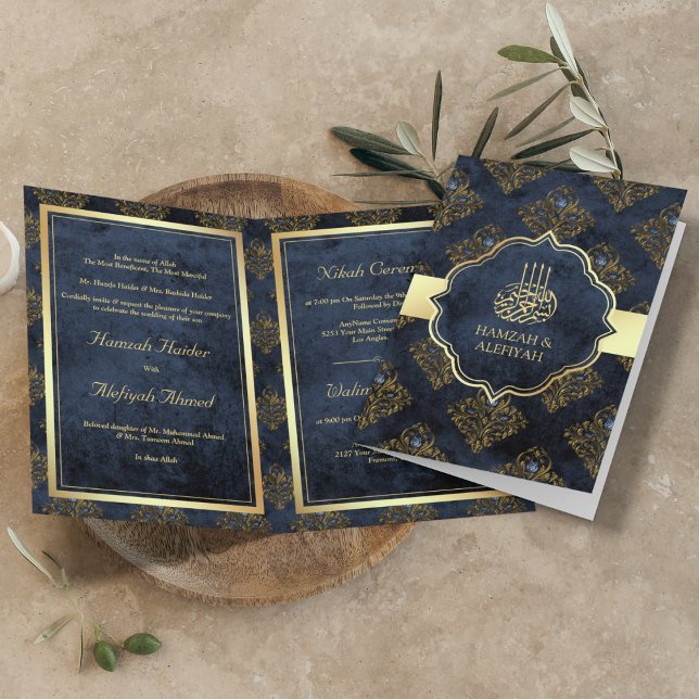 Convite Ouro Rústico Azul Marinho Damask Casamento Muçulma (Criador carregado)
