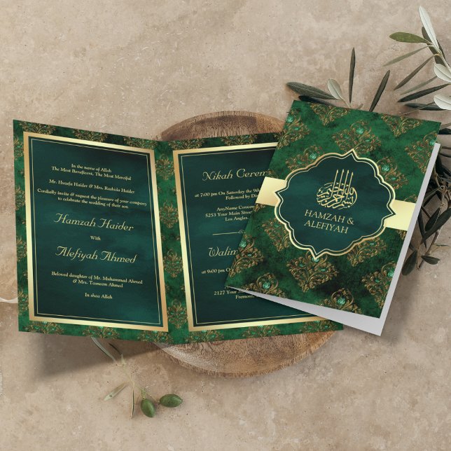Convite Ouro Rústico Verde Esmeralda Damasco Casamento Muç (Criador carregado)