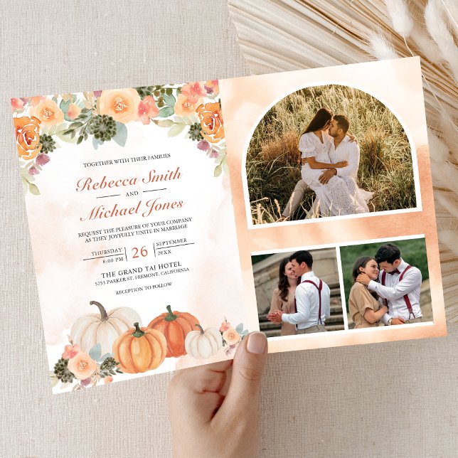 Convite Outono Floral de Abóbora Código QR Casamento (Criador carregado)