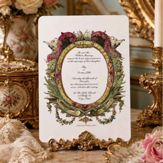 Convite Oval Barroco Rococó Floral Querubins (Criador carregado)