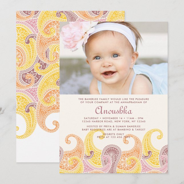 Convite Paisley Annaprashan (Primeiro Arroz) (Frente/Verso)