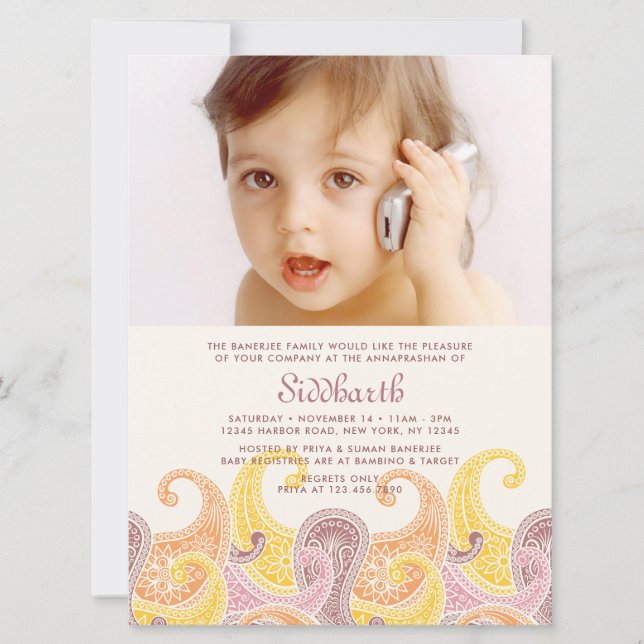 Convite Paisley Annaprashan XL (Primeiro Arroz) (Frente)