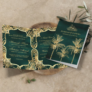 Convite Palmeira Data com Brilho Verde e Dourado Casamento