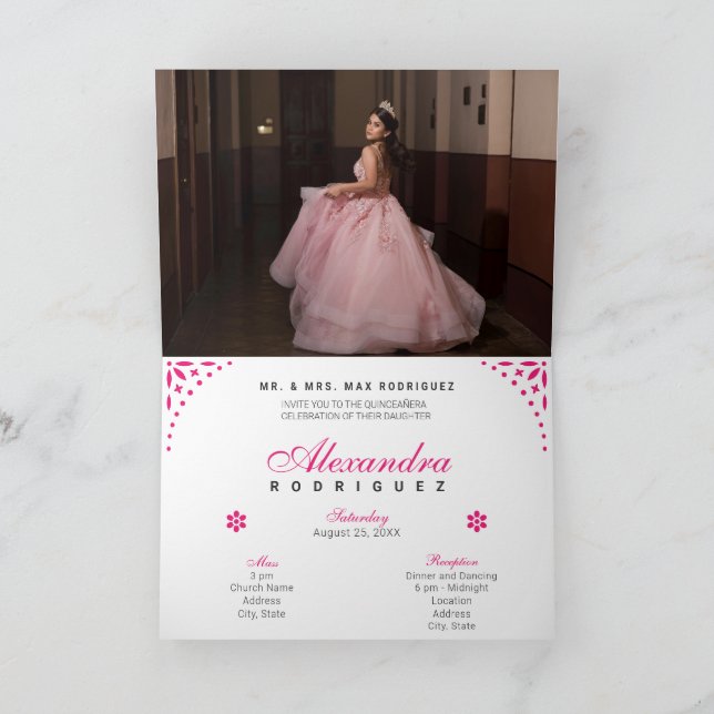 Convite Papel Picado Mis Quince Años de Rosa Quente (Interior)