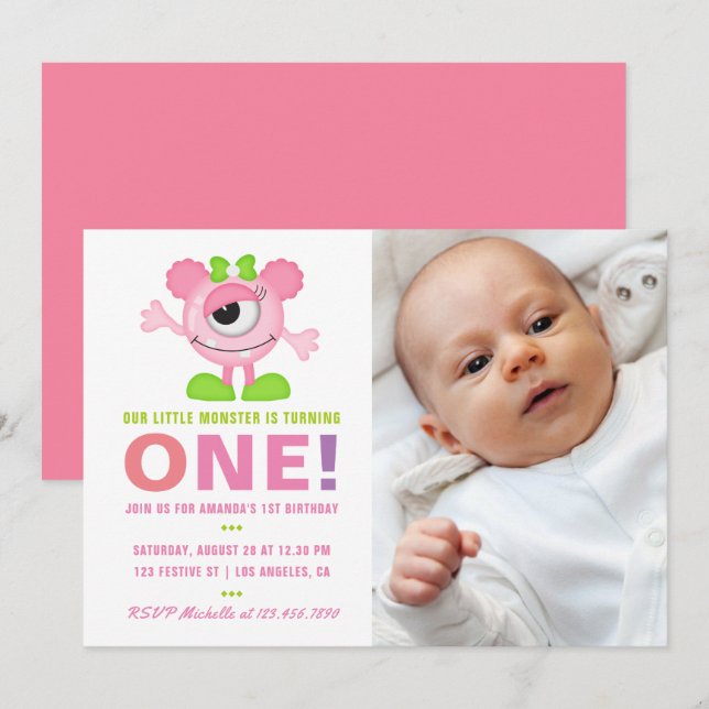 Convite para 1º Aniversário de Menina Pequena Mons (Frente/Verso)