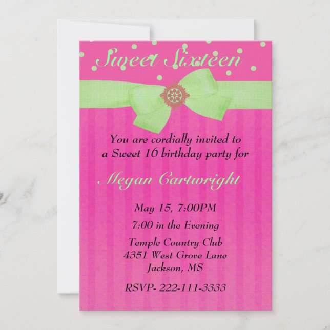 Convite para 16 de Aniversário, Rosa e Verde (Frente)