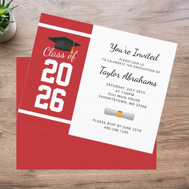 Convite para 2025, Festa Vermelha de Formando Bran (Graduation Red White Bold 2025 Party Invitation)