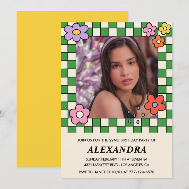 Convite para 22 anos Retro Groovy Floral (Frente/Verso)