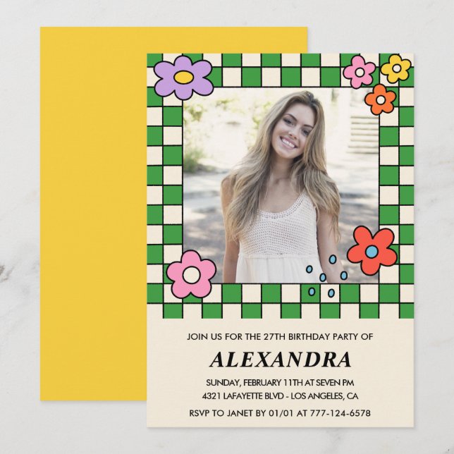 Convite para 27 anos Retro Groovy Floral (Frente/Verso)