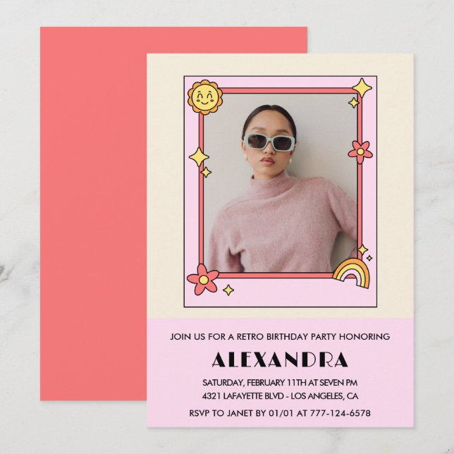 Convite para 28 anos Foto Retro Foto Rosa Floral (Frente/Verso)