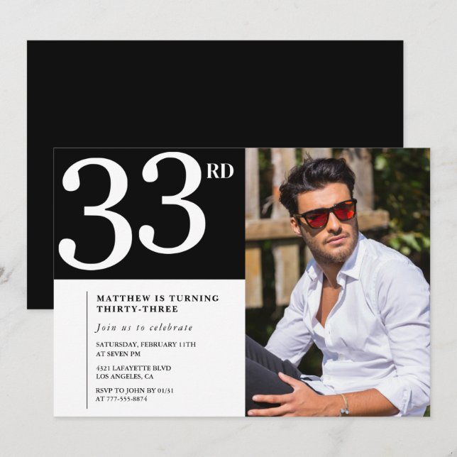 Convite para 33 anos Foto de Black White Men (Frente/Verso)
