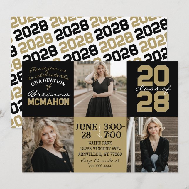 Convite para 3 Graduações de Fotos Douradas em Bla (Frente/Verso)