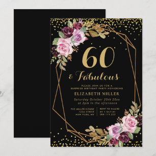 convite para 60 anos de floral roxo geométrico