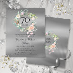 Convite para 70 de Orçamento<br><div class="desc">Apresentando uma delicada granja verde-floral de cor-d-água em um fundo de efeito de folha de platina, este convite de 70 de casamento botânico pode ser personalizado com suas informações especiais de aniversário. O inverso apresenta uma garland floral correspondente que enquadra suas datas de aniversário em texto elegante. Projetado por Thisnotme©...</div>